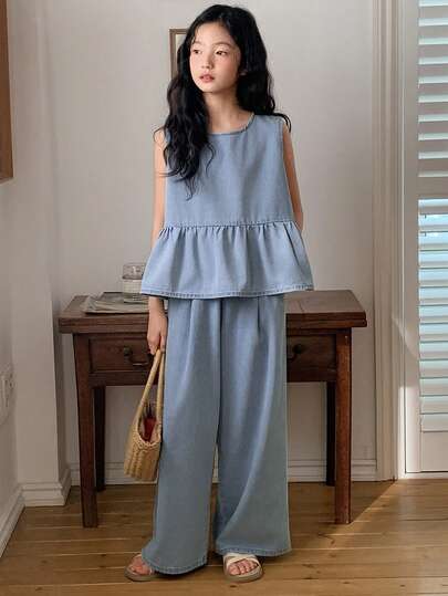 DAZY Tween Girl Summer Casual Solid Color Ruffle Hem Denim Tank Top And Denim Pants Set