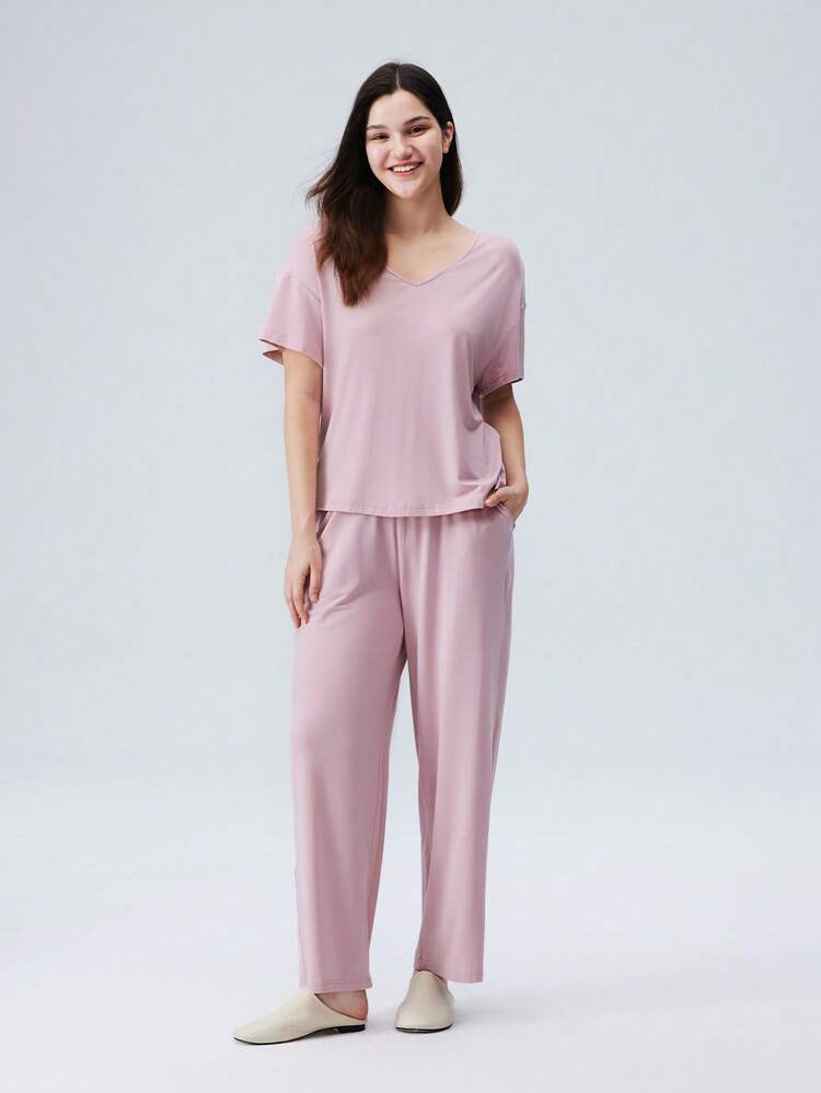 Set di pigiama estivo in rosa, morbido in TENCEL™ Modal, composto da t-shirt basic e pantaloni, set da camera da letto leggero per donne, pantaloni con tasche, intimo come abbigliamento esterno, set coordinati per spose