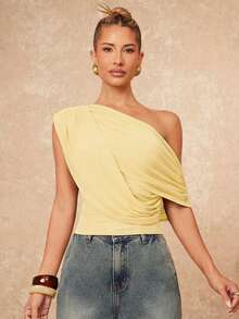 Lumalex 优雅通勤纯色不对称领褶皱衬衫 - 淡黃色 - 查看 7