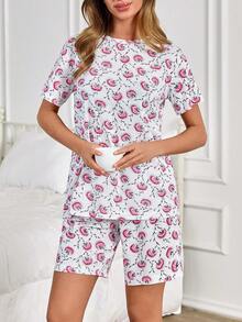 EURMUSE Cotton Women Overall Floral Patterned Sleep Tee + Sleep Shorts Pajama Lounge Sets - Multicolor - View 5