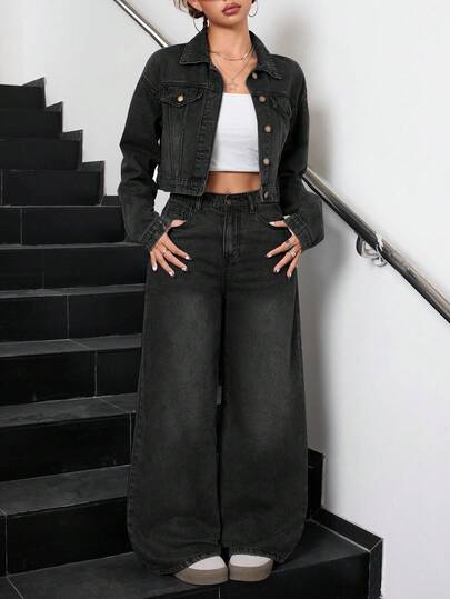 SHEIN 2pcs/Set Teen GirlBlue Denim Lapel Short Jacket & Loose Fit Pants