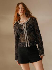 MOTF PREMIUM 优雅 3D 花卉蕾丝撞色亮片透视轻薄西装外套 - 黑色 - 查看 5
