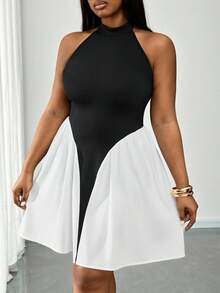 Truni Plus Size Women's Elegant Black And White Patchwork Halter Neck A-Line Dress, Summer Off-Shoulder Ruffle Waist Loose Club Dress For Party Date - Multicolor - View 4