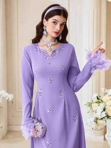 Al Najma Elegant, Luxurious, Romantic Crystal Embellished Women's Turkish Maxi Dress, Arabian Traditional Long Robe - Purple - View 4