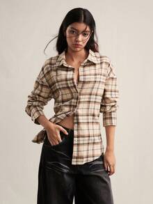 Easelle Women's Plaid Lapel Single-Breasted Fashionable Versatile Long Sleeve Shirt For Commuting - Apricot - View 2