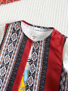 SHEIN Conjunto de 3 piezas para bebé niño: Camiseta de manga corta con estampado floral vintage y de niño lindo, chaleco de punto y pantalón de linterna, ropa de primavera/verano para bebé niño - Negro - Ver 6