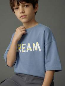 SHEIN Casuvi Kids 2pcs Tween Boy Letter Print Short Sleeve Top And Solid Color Pants Set - Multicolor - View 4