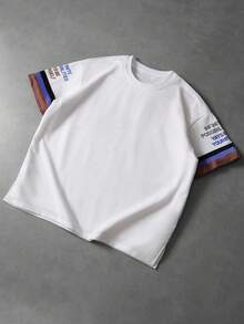 PAVTROS Áo thun nam tay ngắn cổ tròn phối màu, in chữ và sọc, in kỹ thuật số nhiều màu, vạt xẻ, cổ tròn, dành cho nam giới. - trắng - Xem 2