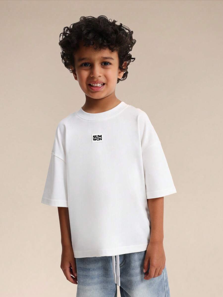 SUMWON Boys Oversized Crew Neck T Shirt With Star Logo Print Summer Casual Cotton Top - White - View 1