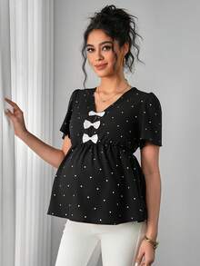 Momance Maternity Shirt With V-Neck, Bow Decor, A-Line Hem, Polka Dot Print, Short Sleeve - Black - View 1