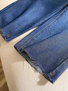 Young Girls Loose Fit Wide Leg Jeans, Navy Blue With Button Design, Versatile - Blue - View 4