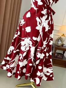 Rometta 大码时尚印花短袖连衣裙，收腰设计，显瘦效果，波西米亚风度假连衣裙，优雅V领收腰连衣裙，优美动人，尽显身材。 - 酒紅色 - 查看 6