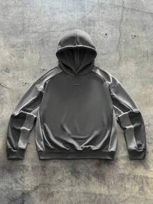 AXEPEAK 男士休闲宽松套头连帽衫套装，撞色拼接，春秋季 - 灰色 - 查看 8