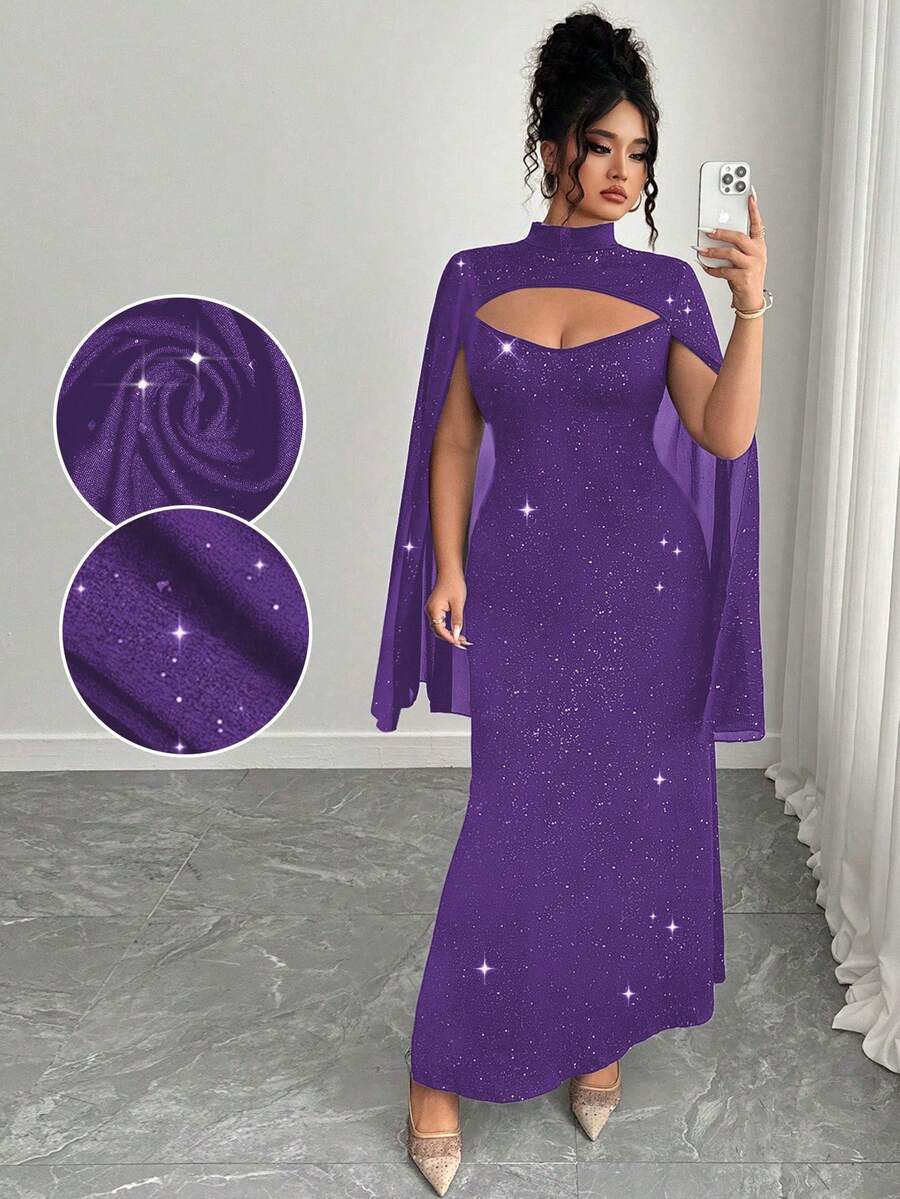 Elenzga Đầm dạ hội cổ đứng dáng poncho thanh lịch đính sequin lấp lánh dành cho nữ cỡ lớn - Màu tím - Xem 1