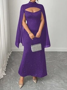 Elenzga Đầm dạ hội cổ đứng dáng poncho thanh lịch đính sequin lấp lánh dành cho nữ cỡ lớn - Màu tím - Xem 4