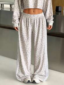 SHEIN EZwear Women's Elastic Waist Casual Versatile Commuting Wide Leg Sweatpants Cheetah Print Bottoms - Multicolor - View 5