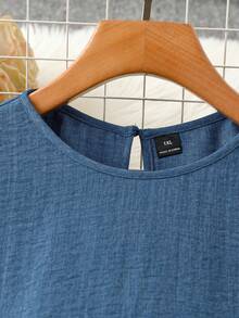 SHEIN Essnce 大码女装春夏时尚休闲宽松舒适日常百搭显瘦蓝色无袖娃娃短裙，夏季服装，简约风格，度假装扮 - 藍色 - 查看 3