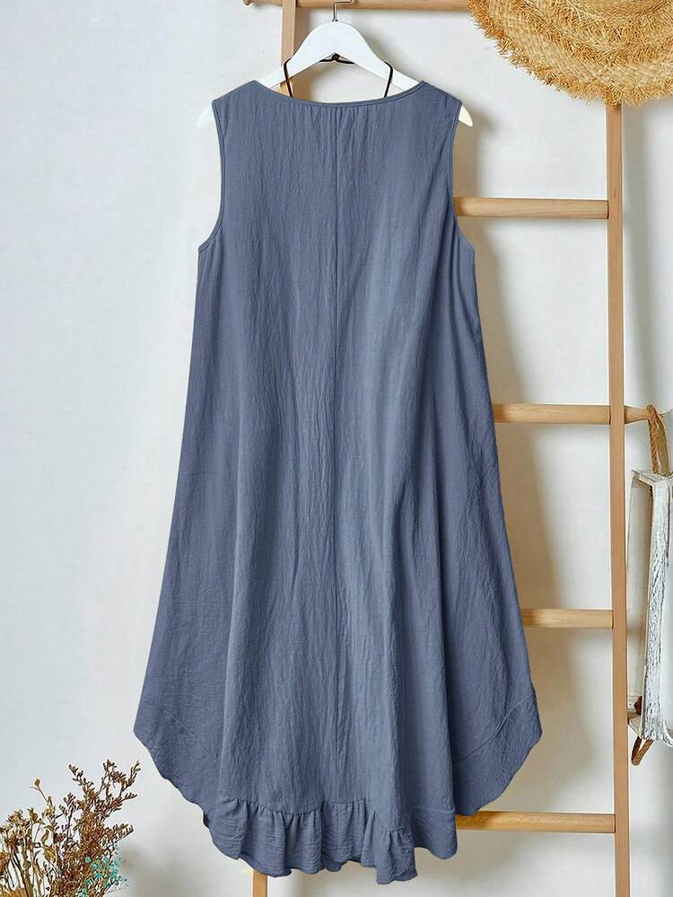 Plus Size Country Style Sleeveless Pocket Pleated Hem A-Line Knee-Length Dress, Yellow, Spring/Summer Summer Dress With Pockets Plus Size Summer Dress, Summer Dresses