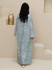 Al Najma 女士优雅印花阿拉伯风格连衣裙 - 藍色 - 查看 4