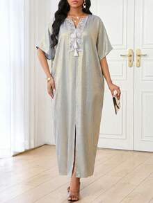 SHEIN Lady Women's Elegant Vacation Style Notched Neck Sequin Tassel Batwing Sleeve Loose Dress - Multicolor - View 5