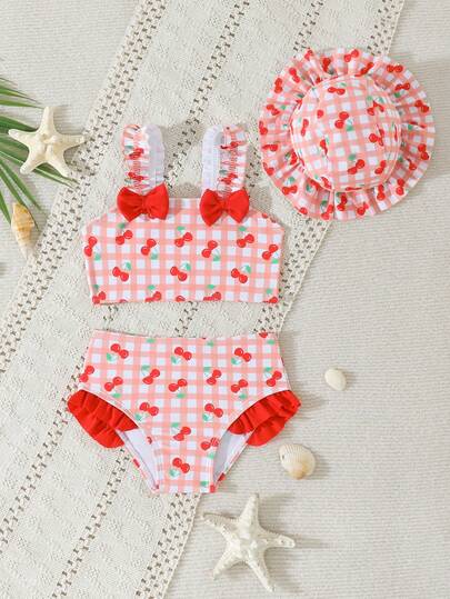Baby Girls Beachwear Baby And Children's (Girls') Swimsuits: Playful Multi-Color Cherry Check Print Pattern Knitted Fabric Top, Shoulder Strap, Bow, Hem Lace, Three-Piece Set, Two-Piece Top + Triangle Swimming Trunks + Swimming Cap. Fashionable, Casual, Exquisite, Elegant And Ladylike. Suitable For Swimming, Summer Vacation, Summer Beach, Seaside, Swimming Pool, Summer Party, Leisure Vacation Toddler Swimsuit With Hat Baby Cherry Swimsuit Cherry Print Baby Swimwear Toddler Swimwear With Hat Todd