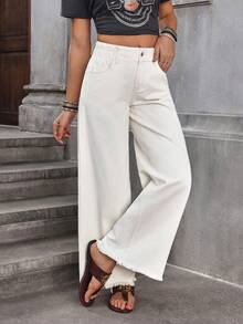 SHEIN Holidaya Women's Solid Color Casual Jeans White Wide Leg Pants Women Palazzo Pants Women White Flare Pants Boho Pants - Beige - View 5