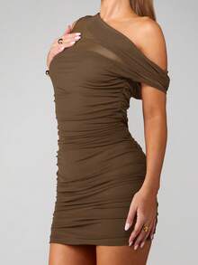 MISSGUIDED Asymmetrical Off Shoulder Mesh Overlay Ruched Mini Dress With One Sleeve Design For Party Evening Occasions - Brown - View 4