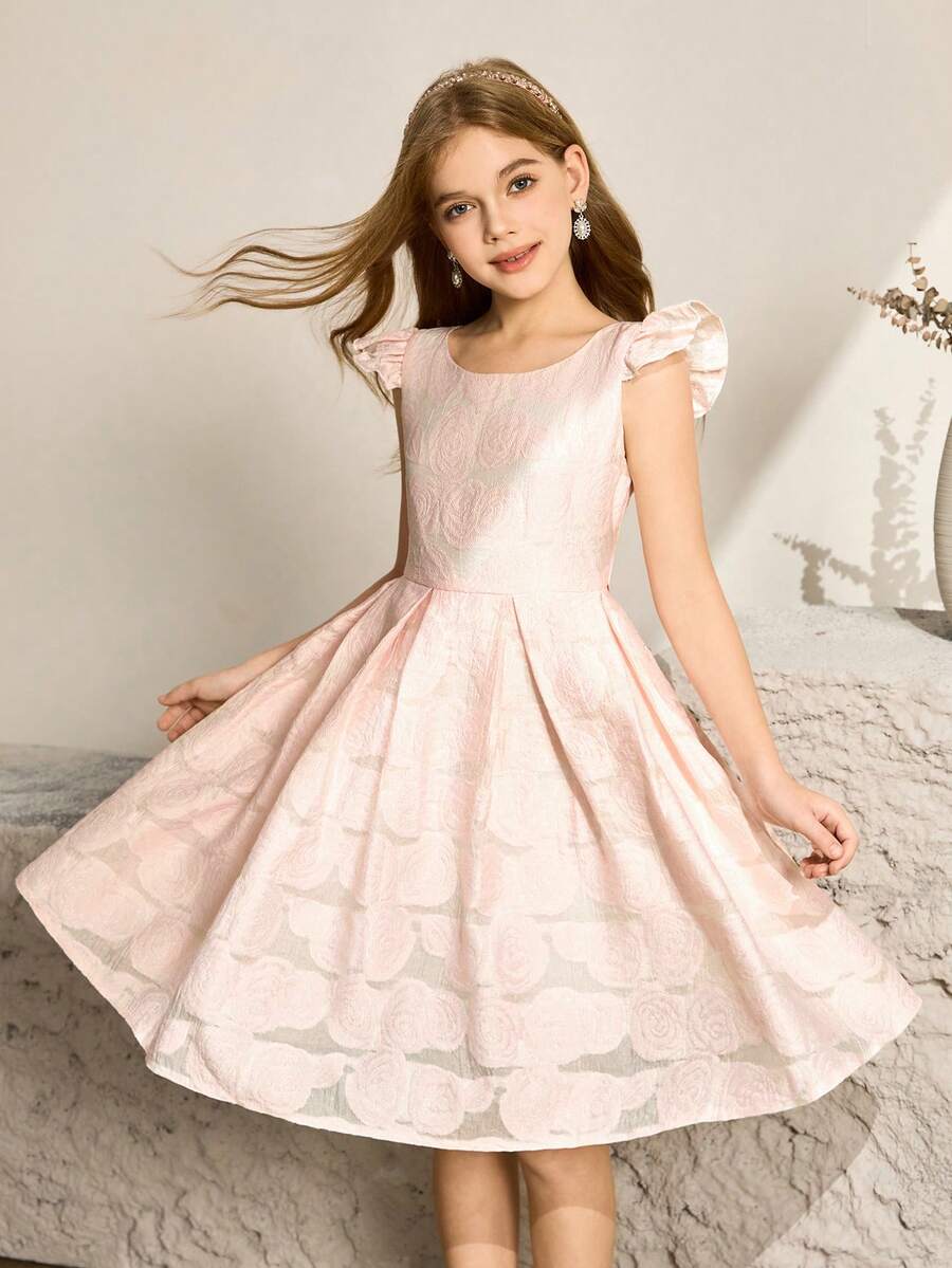 Girls' Princess Dress Flutter Sleeve Tutu Dress, Formal Party Wear, Piano Performance, Suitable For Tween Girl - Pink - View 1