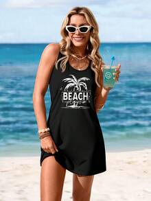 Sylviya 休闲简约棕榈树沙滩无袖连衣裙，适合夏季 - 黑色 - 查看 1