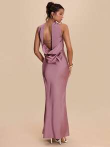 SHEIN BAE Đầm satin hở lưng cổ yếm thanh lịch, thích hợp cho tiệc cocktail, hẹn hò lãng mạn, họp mặt, phù dâu đám cưới, đi chơi tối, ngày Valentine, màu hồng. - Hồng - Xem 5