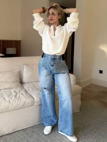 SHEIN 孕妇高腰休闲做旧浅蓝色时尚宽松百搭牛仔裤，适合春季、圣诞节、新年、感恩节、通勤、度假、毕业典礼等场合，展现Y2K风格，可爱街头风，适合派对、婚礼、优雅商务休闲等各种场合。 - 藍色 - 查看 3