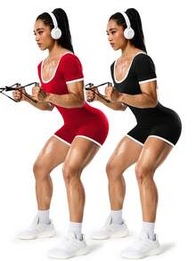 Seamluxe SHEIN Sport 运动无缝撞色滚边运动短裤连体衣，运动连体衣，健身连体衣，锻炼连体衣，罗纹连体衣女士运动套装，海军蓝女士运动服，健身服，女士健身服，女士训练服，女士健身服，女士训练服，女士运动服（双面可穿） - 彩色 - 查看 5