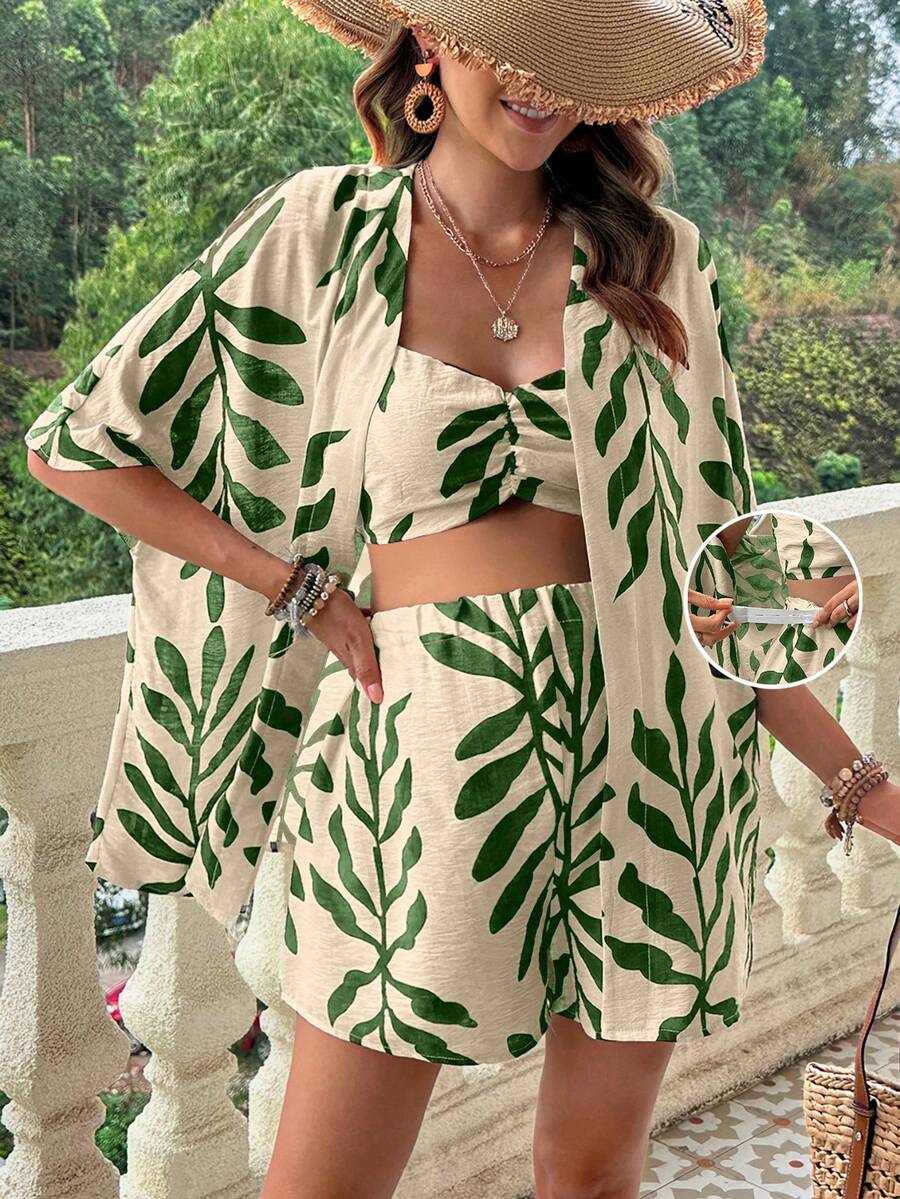 SHEIN 3pcs Maternity Pleated Camisole, Loose Shorts & Cardigan Set - Green - View 1