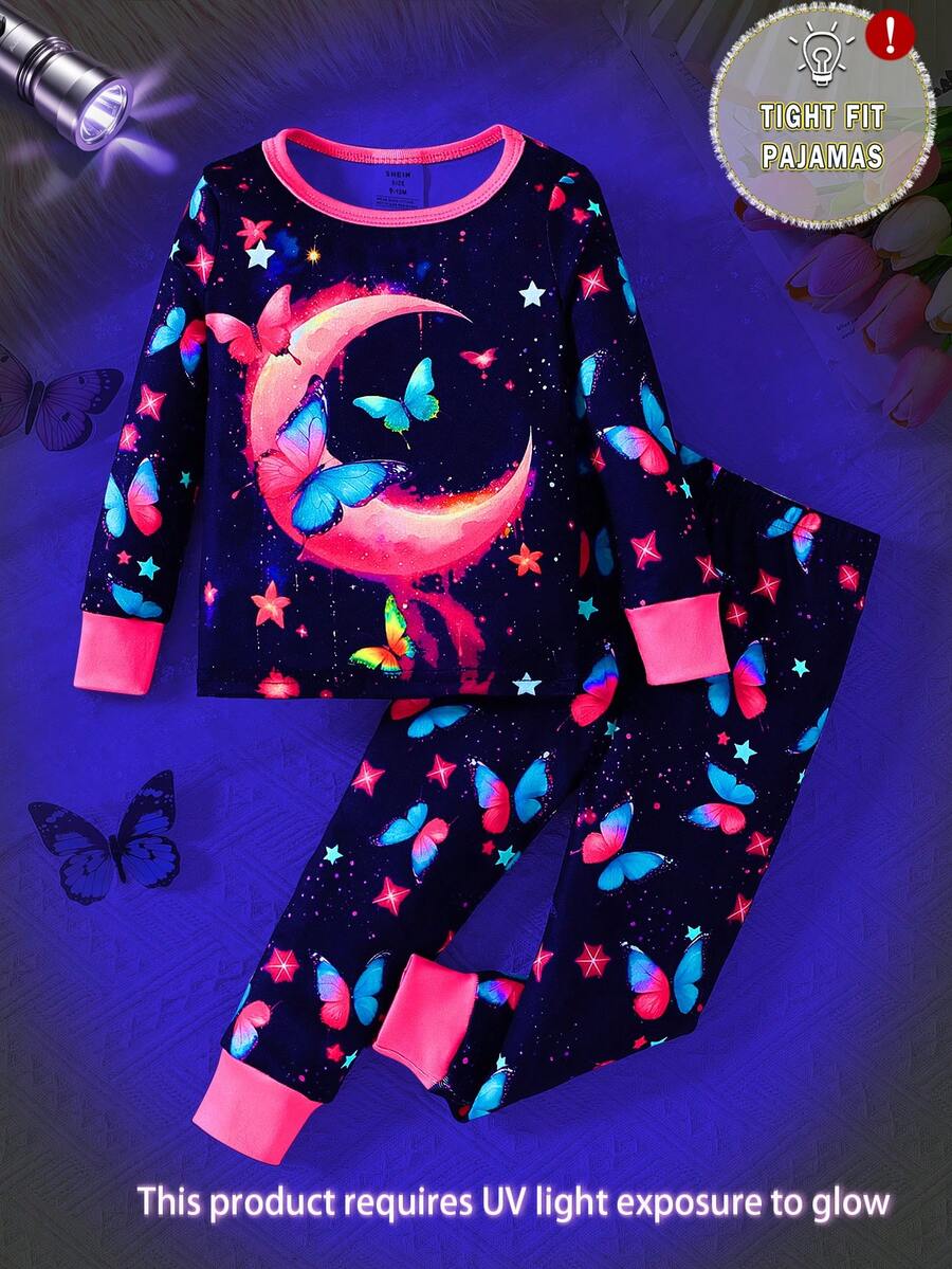 女婴睡衣 - 紧身长袖 T 恤和紧身长裤睡衣套装，带有鲜艳的蝴蝶和夜光印花，舒适合身