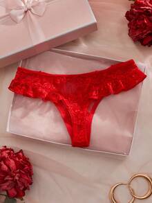 SHEIN Women's Elegant Solid Color Lace Thong Panties, Valentine's Day