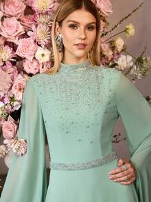 MOTF PREMIUM 女士高领及地晚礼服，饰有水钻，雪纺超长袖修身连衣裙，完美适用于正式场合 - 綠色 - 查看 3