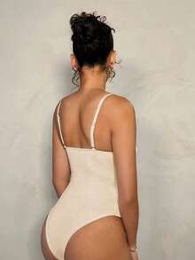 SHEIN BAE 浪漫白色蕾丝拼接可拆卸肩带紧身胸衣连体衣，适合浪漫约会、闺蜜聚会、早春郊游、派对活动 - 束身胸衣、演唱会服装、性感连体衣、春季女装、情人节服装 - 杏色 - 查看 2