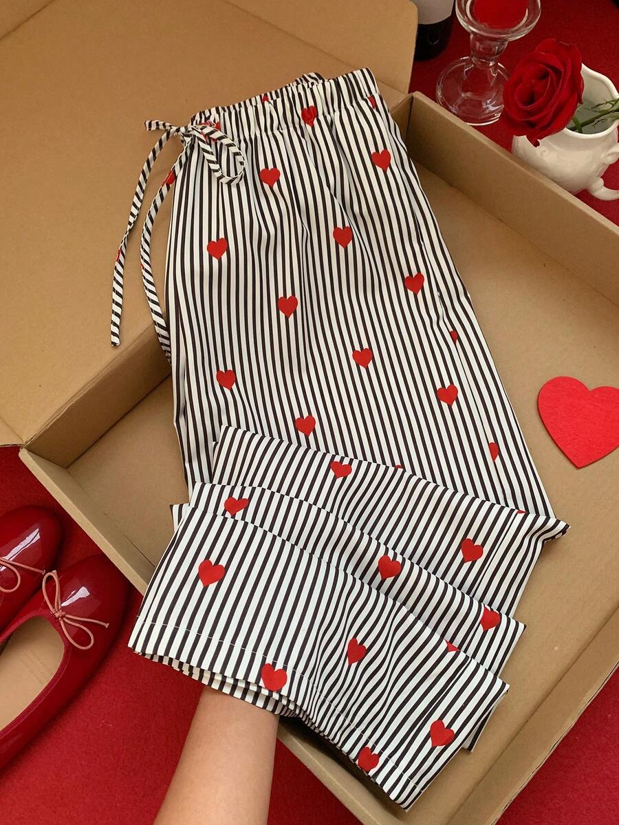 SHEIN EZwear Heart-Print Brown Striped Pants, Suitable For Winter, Valentine's Day, Christmas, And New Year; Heart-Print Woven Women's Drawstring Wide-Leg Pants; Brown Pants; Polka Dot Pants; Brown Striped Heart-Print Pants; Autumn; Women's Autumn Wear; Women's Winter Wear. - Multicolor - View 1