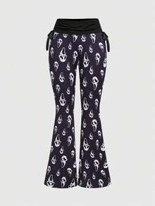 ROMWE Goth Dark Skeleton Print Fitted Camisole Top Paired With Skeleton All-Over Print Flare Pants - Black - View 8