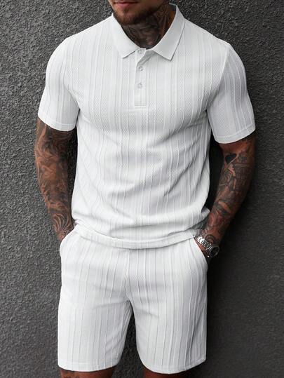 Manfinity CasualCool 男士纯色休闲短袖 Polo 衫短裤套装 男士休闲上衣和裤子套装 男士两件套夏季套装 男士两件套服装 白色
