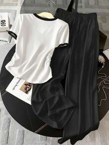 Resyla 女士圆领骑士印花短袖上衣搭配松紧腰阔腿裤，休闲通勤套装 - 彩色 - 查看 2