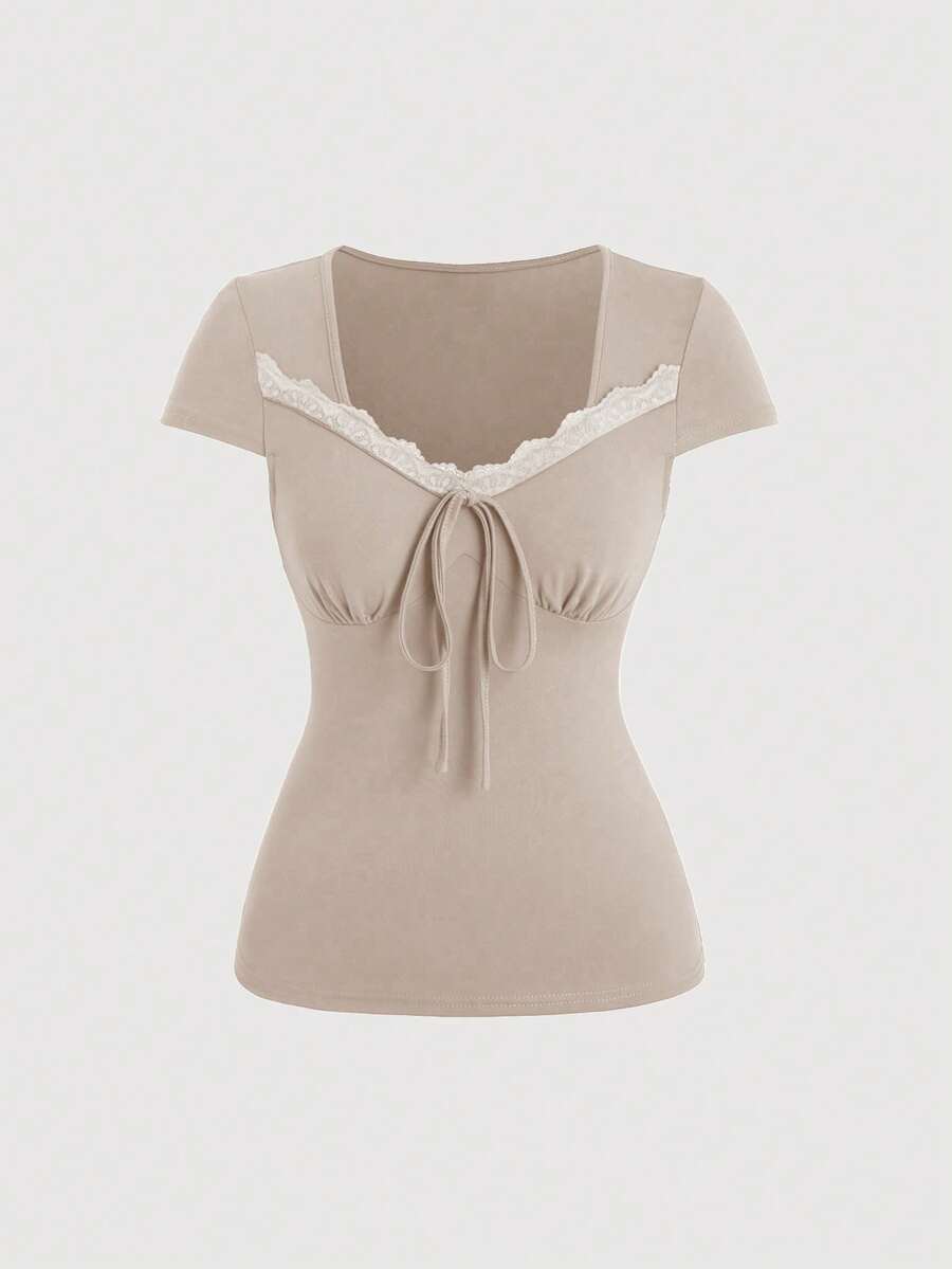 Sweetra Áo thun phối màu tương phản, buộc dây, kiểu dáng thường ngày, xếp nếp, ghép mảnh. - Màu Khaki - Xem 1