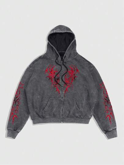 Goth sweat-shirt à capuche zippé avec cordon de serrage et imprimé graphique casual en sherpa pour hommes