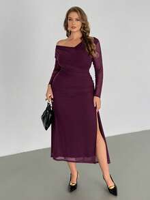 Auralis Đầm dài tay thanh lịch, màu trơn, xếp ly, cổ lệch vai, cỡ lớn - Màu đỏ tím - Xem 3