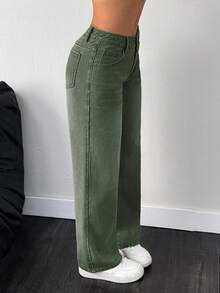 SHEIN PETITE 女士休闲日常水洗斜插口袋直筒牛仔裤 - 軍綠色 - 查看 5