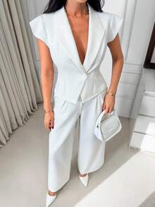 EURMUSE Women Two Pieces Vest And Wide Leg Pant Suit Sets - White - View 3