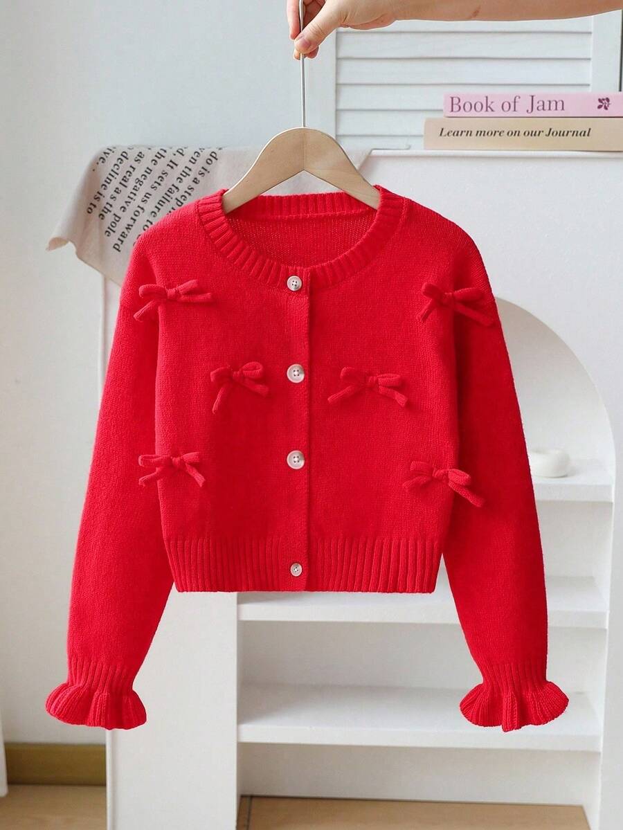 SHEIN Playful Pals Girls Handmade Bow Knitted Sweater Cardigan, Autumn/Winter