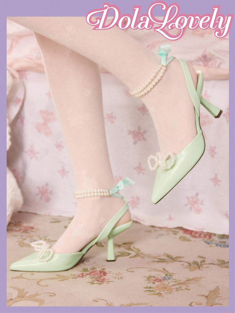 Dola Lovely Giày cao gót nữ thời trang đính nơ ngọc trai giả, giày bít mũi thoải mái, đa năng, thích hợp cho kỳ nghỉ xuân và lễ Phục sinh. - Màu xanh lá cây nhạt - Xem 1
