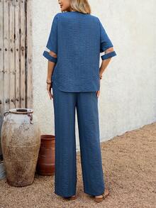 EMERY ROSE 女士秋季长袖衬衫和阔腿裤套装 - 藍色 - 查看 2