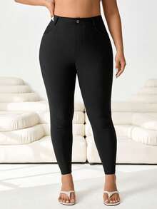 Solflare 2026Plus Size Fashion Casual Solid Color Slant Pocket Skinny Pants - Black - View 2